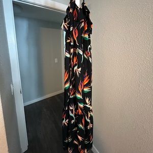 Black and vibrant floral off the shoulder maxi dress